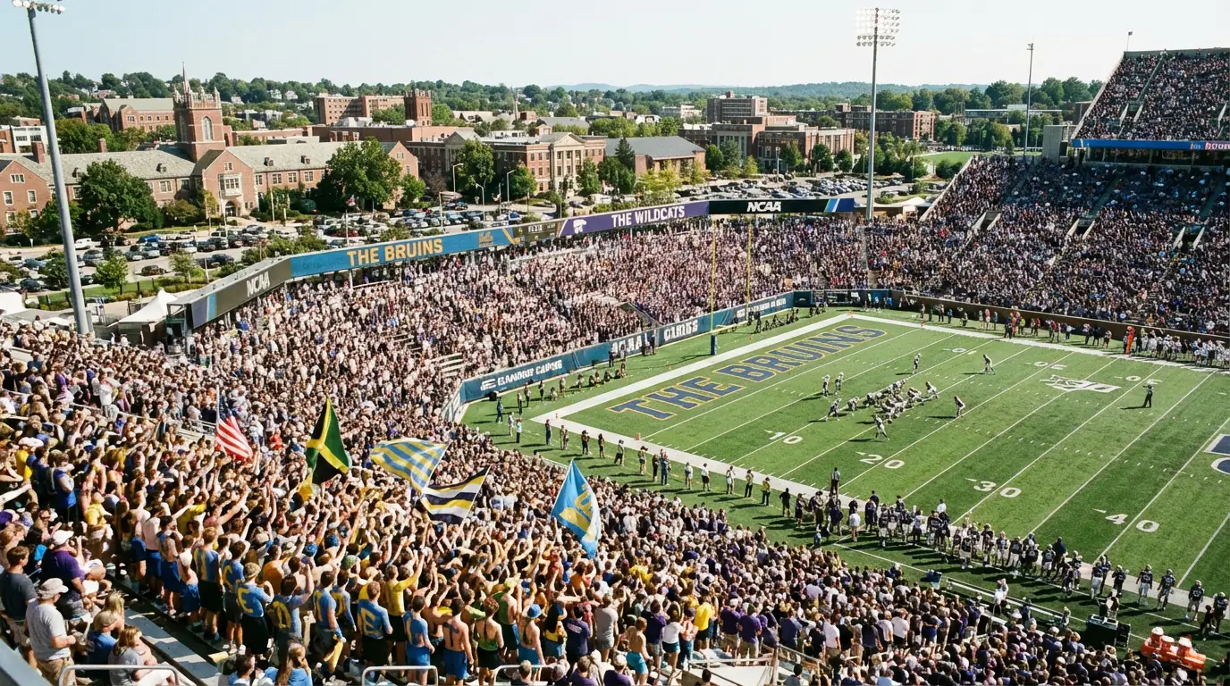 College-Football-Spielfeld mit vollen Zuschauertribünen bei einem NCAA-Spiel