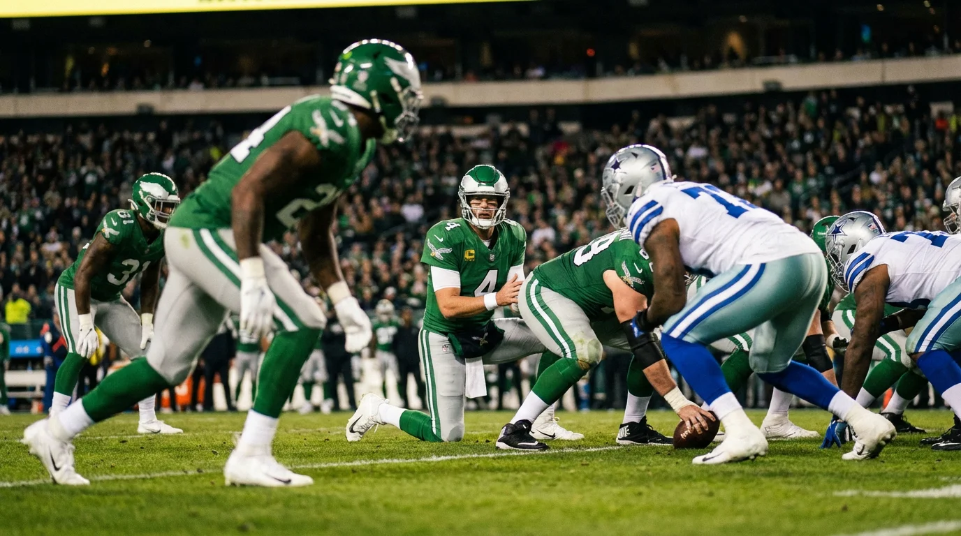 NFL-Spieler in voller Ausrüstung auf dem Football-Feld während eines Spielzugs