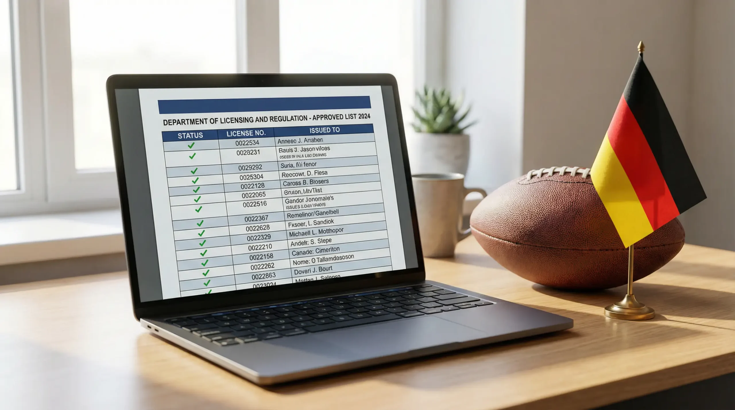 Laptop-Bildschirm mit einer offiziellen Lizenzliste neben einem American Football und einer deutschen Flagge