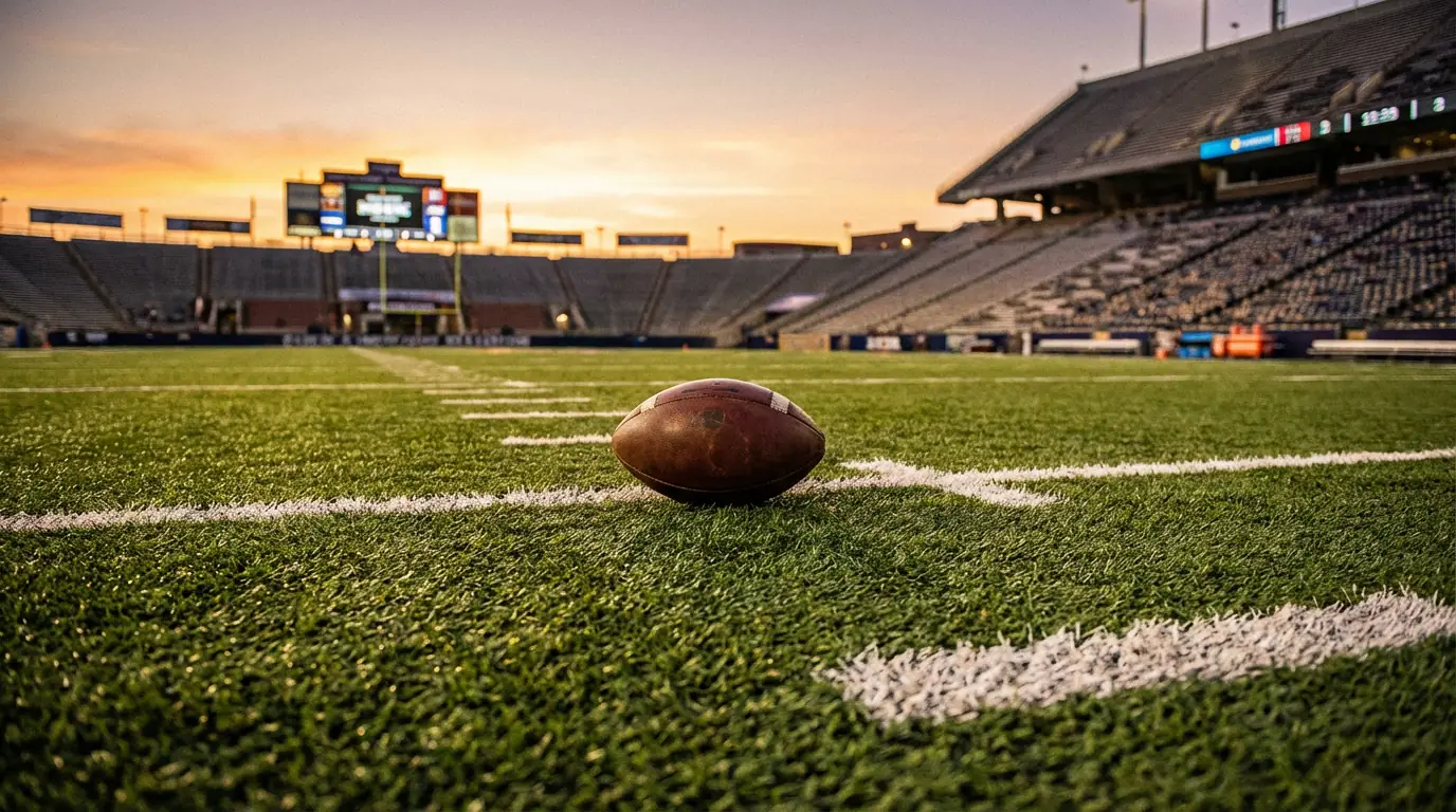 Amerikanisches Football-Spielfeld mit Anzeigetafel und Punktestand bei einem NFL-Spiel