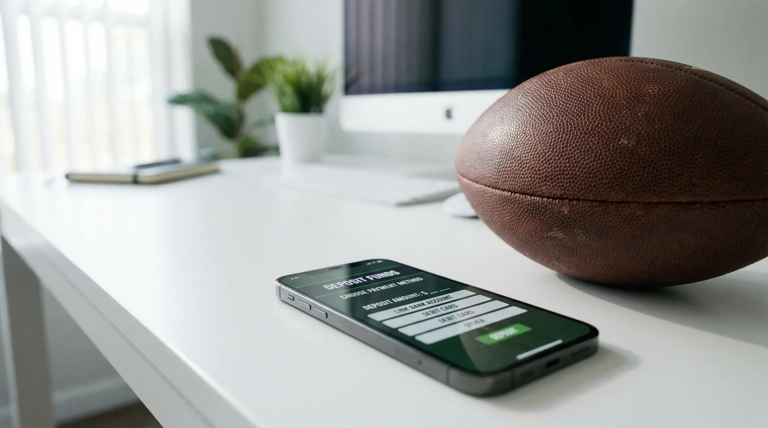 Smartphone mit einer Sportwetten-App neben einem American Football auf einem Schreibtisch