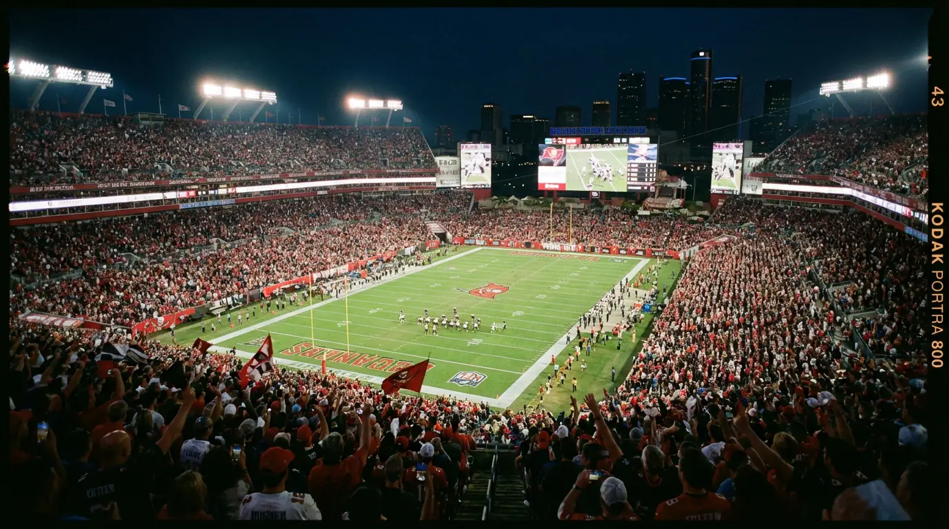 Blick auf ein NFL-Stadion bei Flutlicht mit laufendem Spiel auf dem Football-Feld