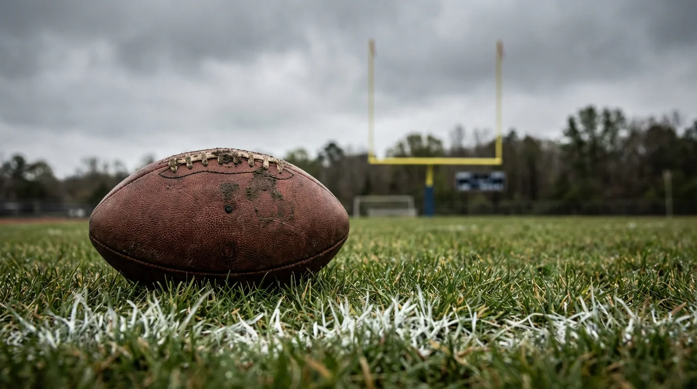 Nahaufnahme eines NFL-Spielfelds mit Yard-Markierungen und Football auf dem Rasen