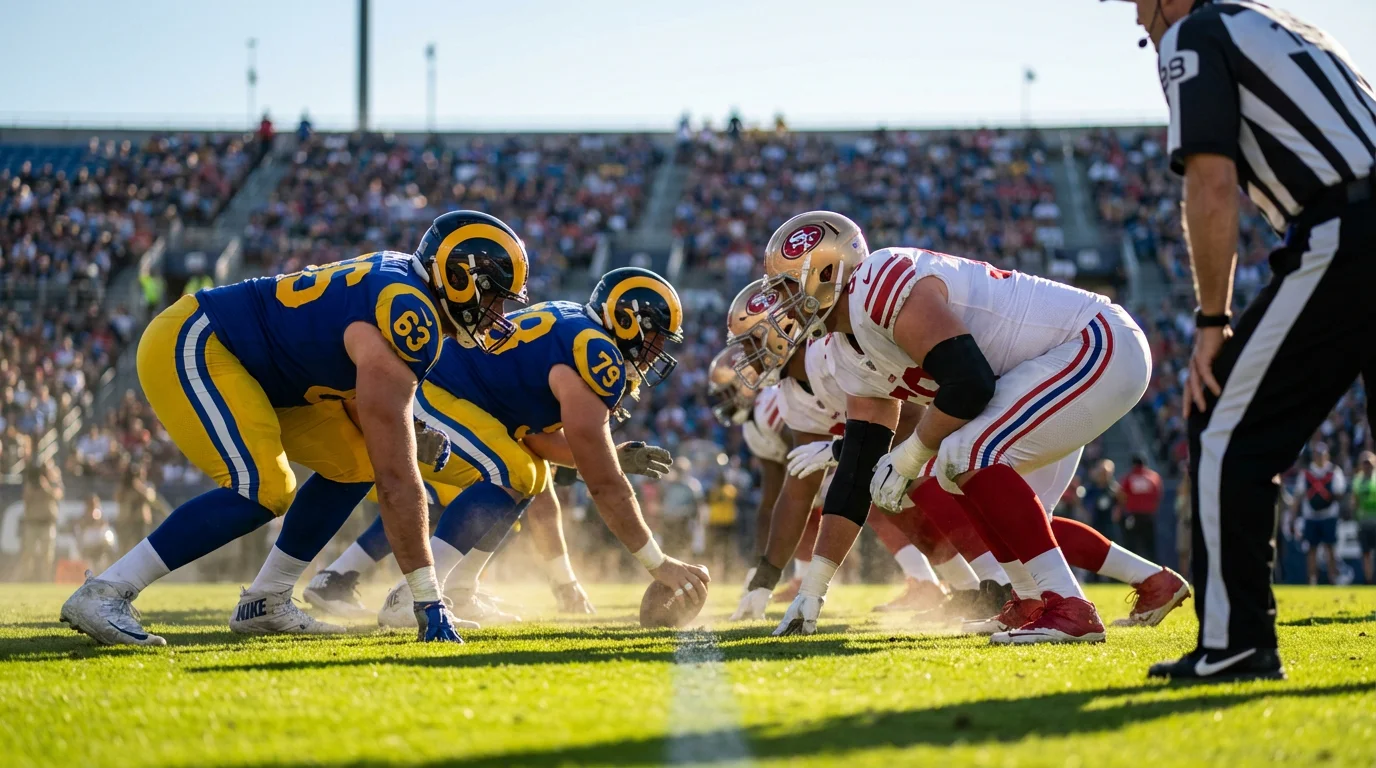 Zwei NFL-Teams beim Aufeinandertreffen an der Line of Scrimmage auf gruenem Rasen
