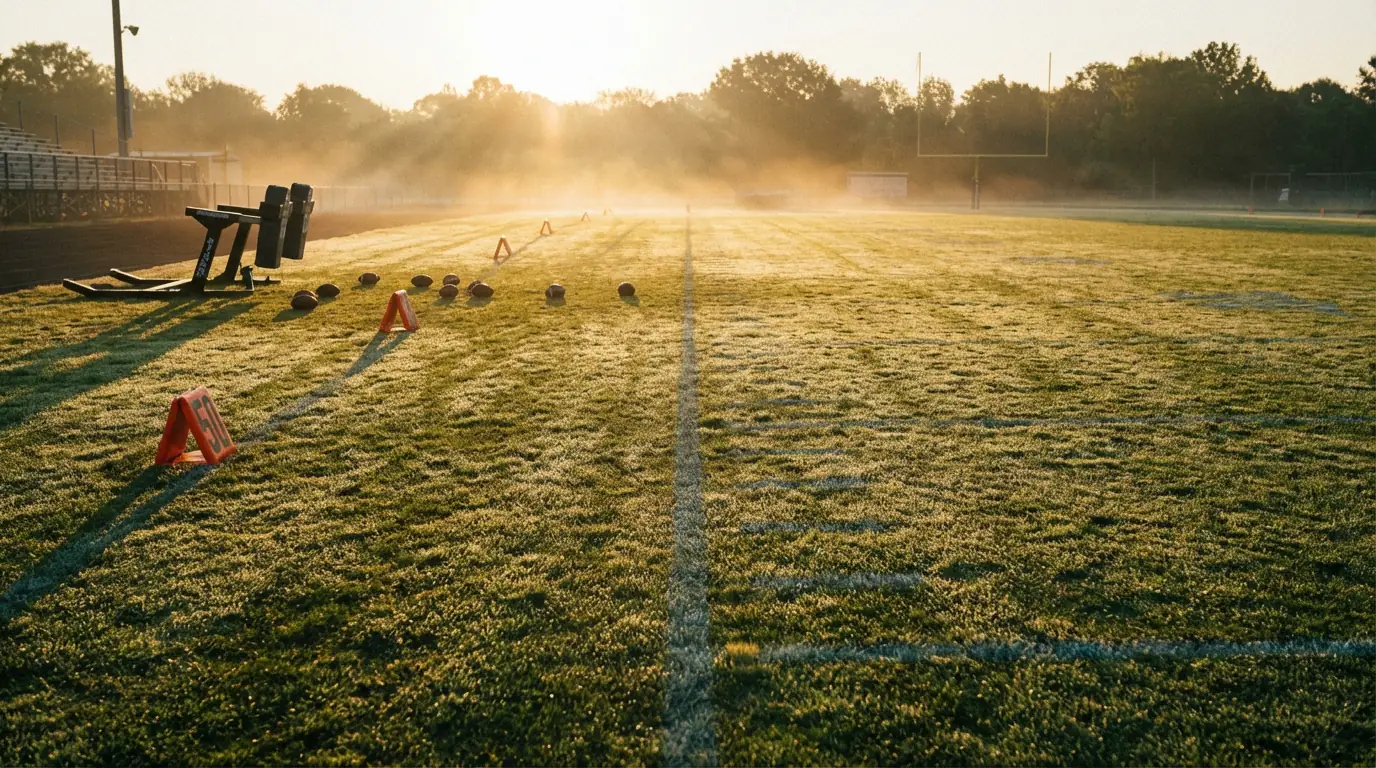Leeres American-Football-Feld bei Sonnenaufgang mit Trainingsausruestung am Spielfeldrand