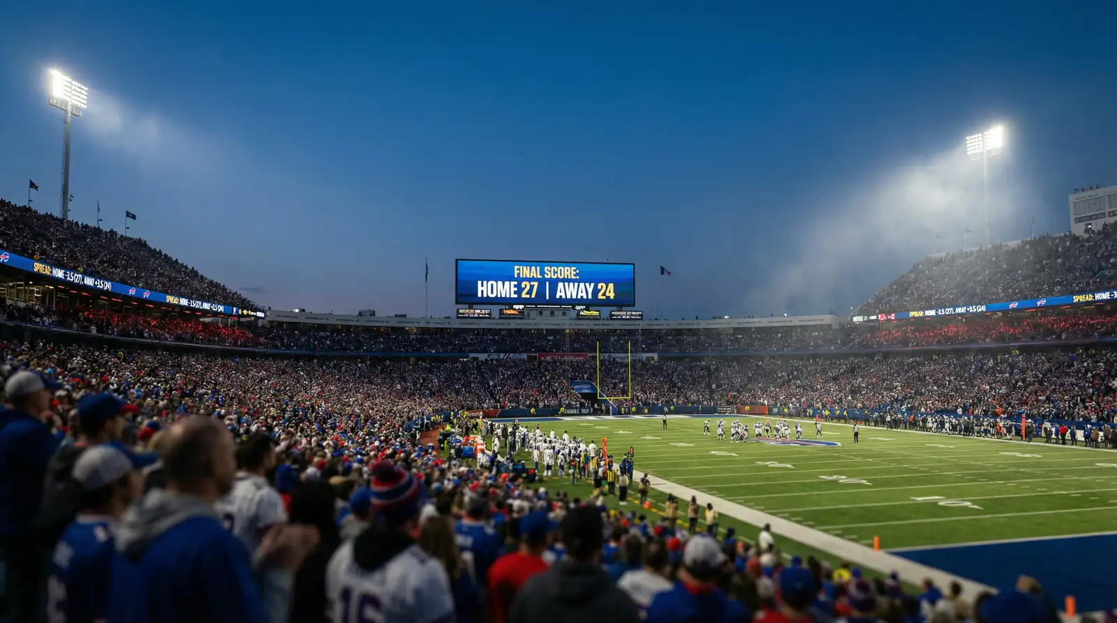NFL-Anzeigetafel mit Punktestand und Spread-Linie in einem Football-Stadion