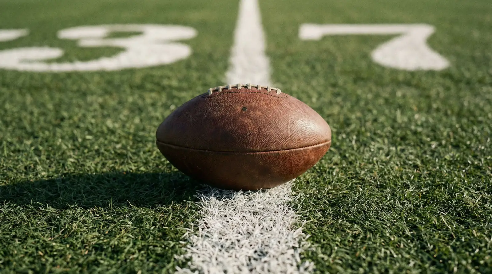 Nahaufnahme eines American Footballs auf der Yard-Linie eines Spielfelds mit sichtbaren Zahlenmarkierungen