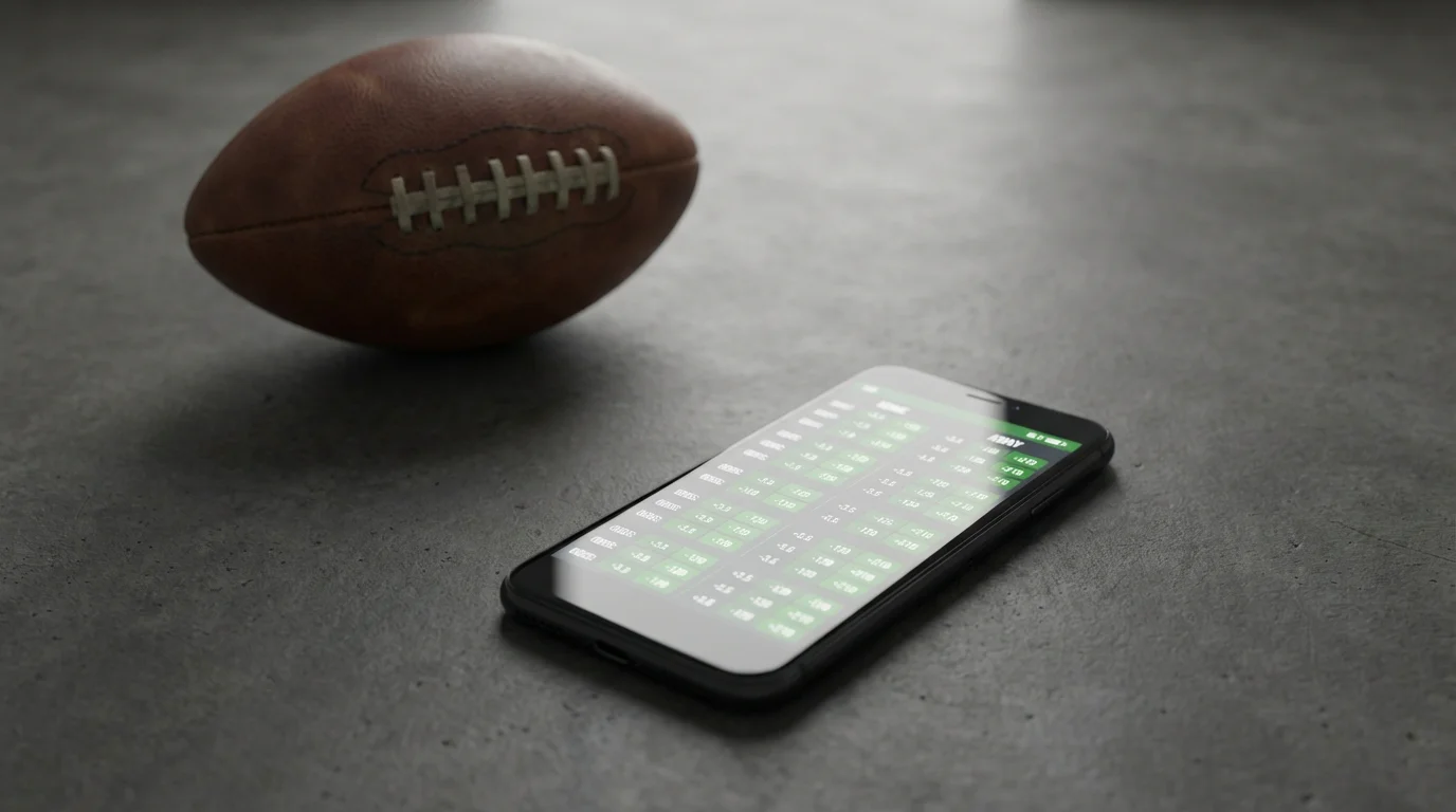 NFL-Wettanbieter Vergleich — Smartphone mit Wettquoten neben einem Football