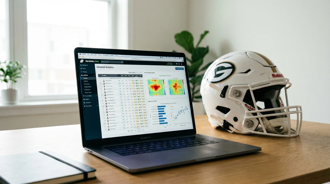 Laptop mit NFL-Statistiken und Football-Helm auf einem Schreibtisch