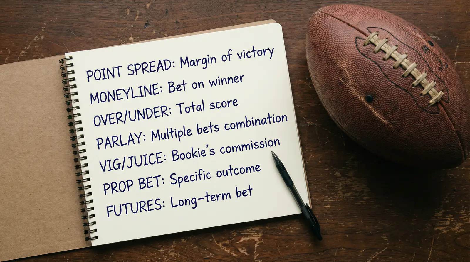 Aufgeschlagenes Notizbuch mit handschriftlichen Sportwetten-Begriffen neben einem American Football