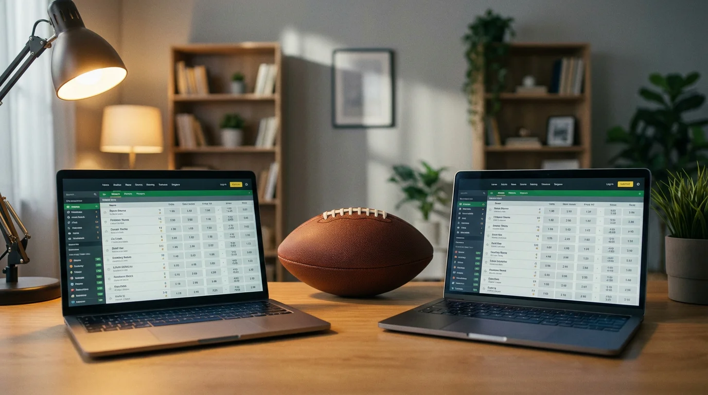 Zwei geoeffnete Laptops nebeneinander mit Sportwetten-Quoten auf den Bildschirmen und einem American Football dazwischen