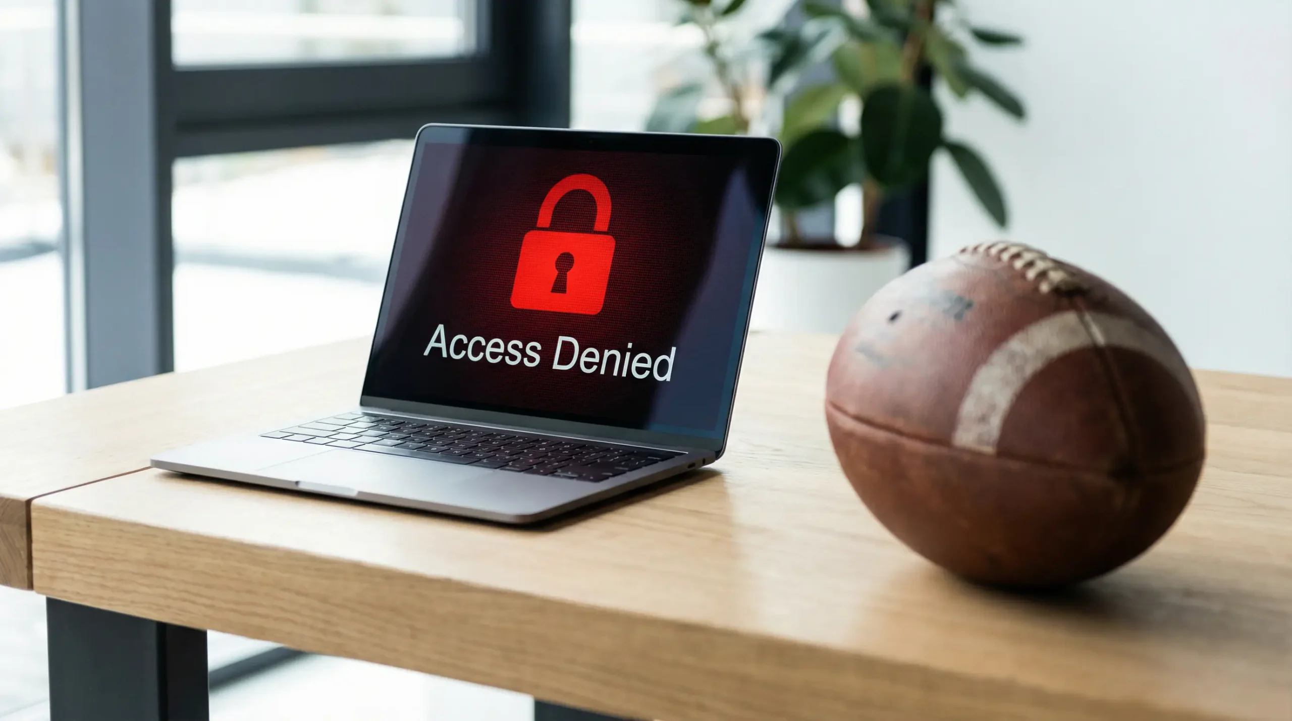 Bildschirm eines Laptops mit einem digitalen Sperrsymbol vor einem unscharfen Sportwetten-Hintergrund