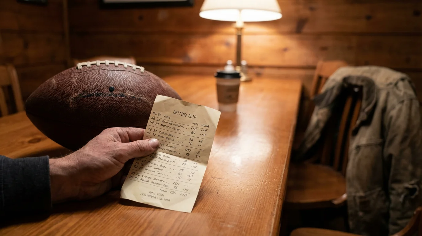 Hand eines Sportfans, die einen Wettschein neben einem American Football auf einem Holztisch haelt