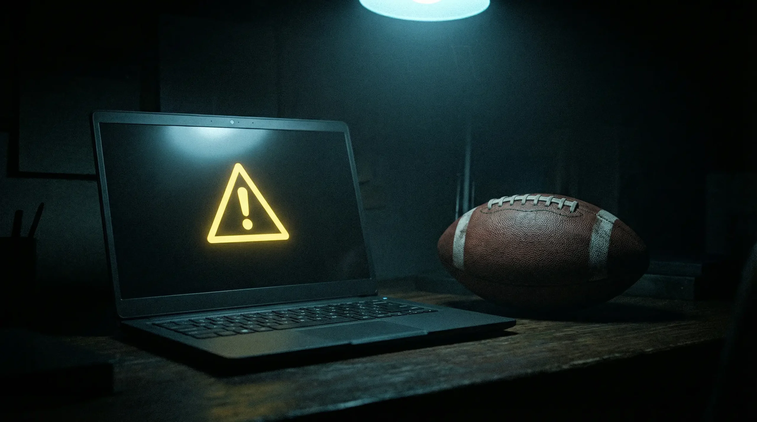 Dunkler Laptop-Bildschirm mit einem Warnsymbol neben einem American Football auf einem Tisch