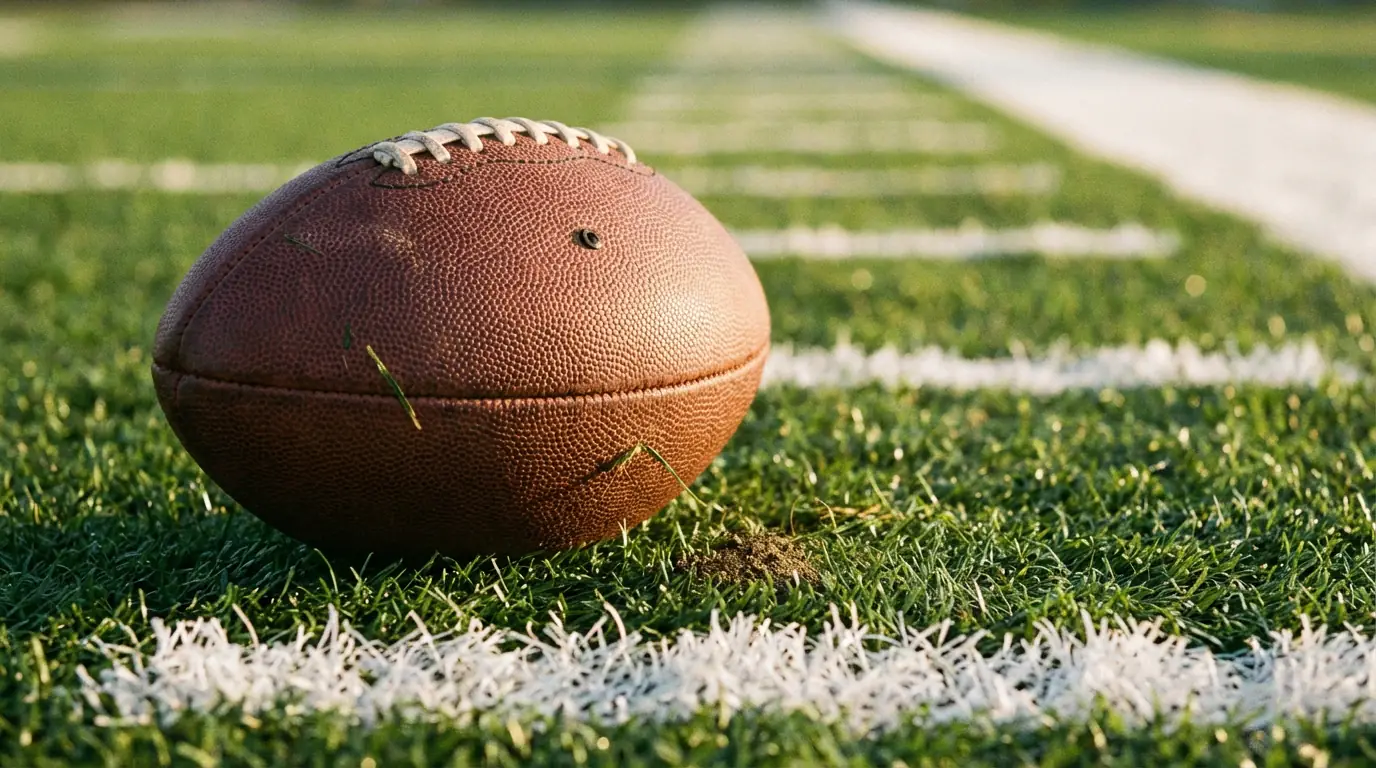 Detailansicht eines American Football auf dem Rasen eines NFL-Spielfelds mit Yard-Linien